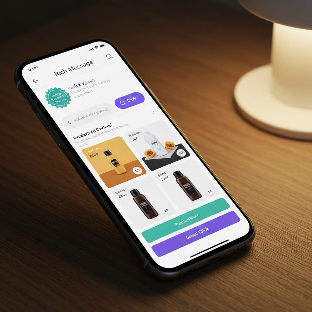RCS messaging interface showing verified business badge, rich media, and action buttons with WhatsApp fallback