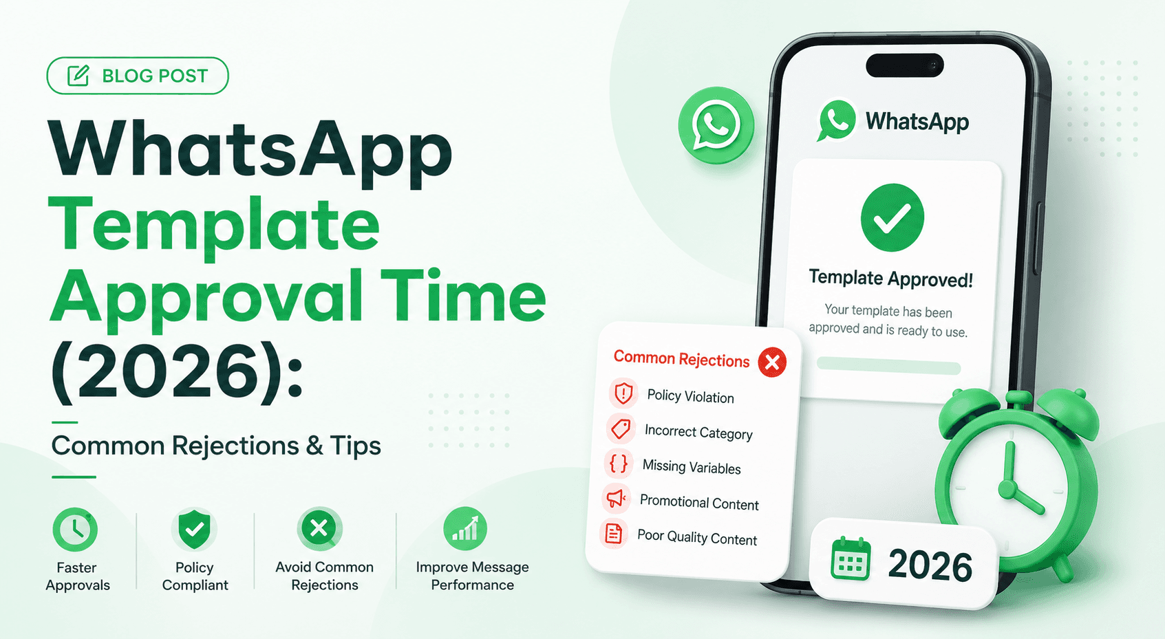 WhatsApp Template Approval Time (2026): Common Rejections & How to Get Approved Faster WhatsApp Template Approval Time (2026): Common Rejections & How to Get Approved Faster